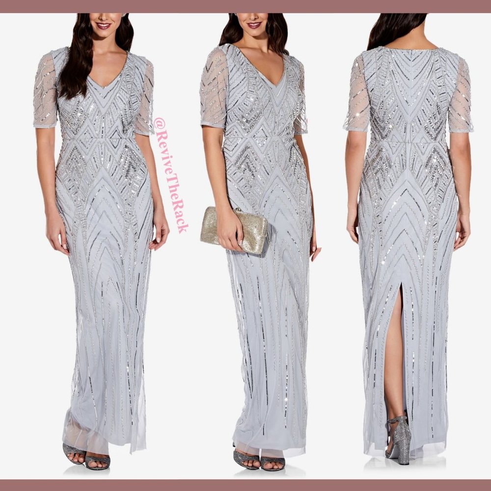 NWT $349 Adrianna Papell V-neck Beaded Gown in Glacier‎ [SZ 0 ]